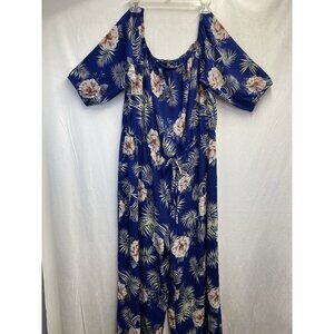Haute Monde Semi Sheer Off Shoulder Wide Leg Jumpsuit Women 3X Navy Floral Used